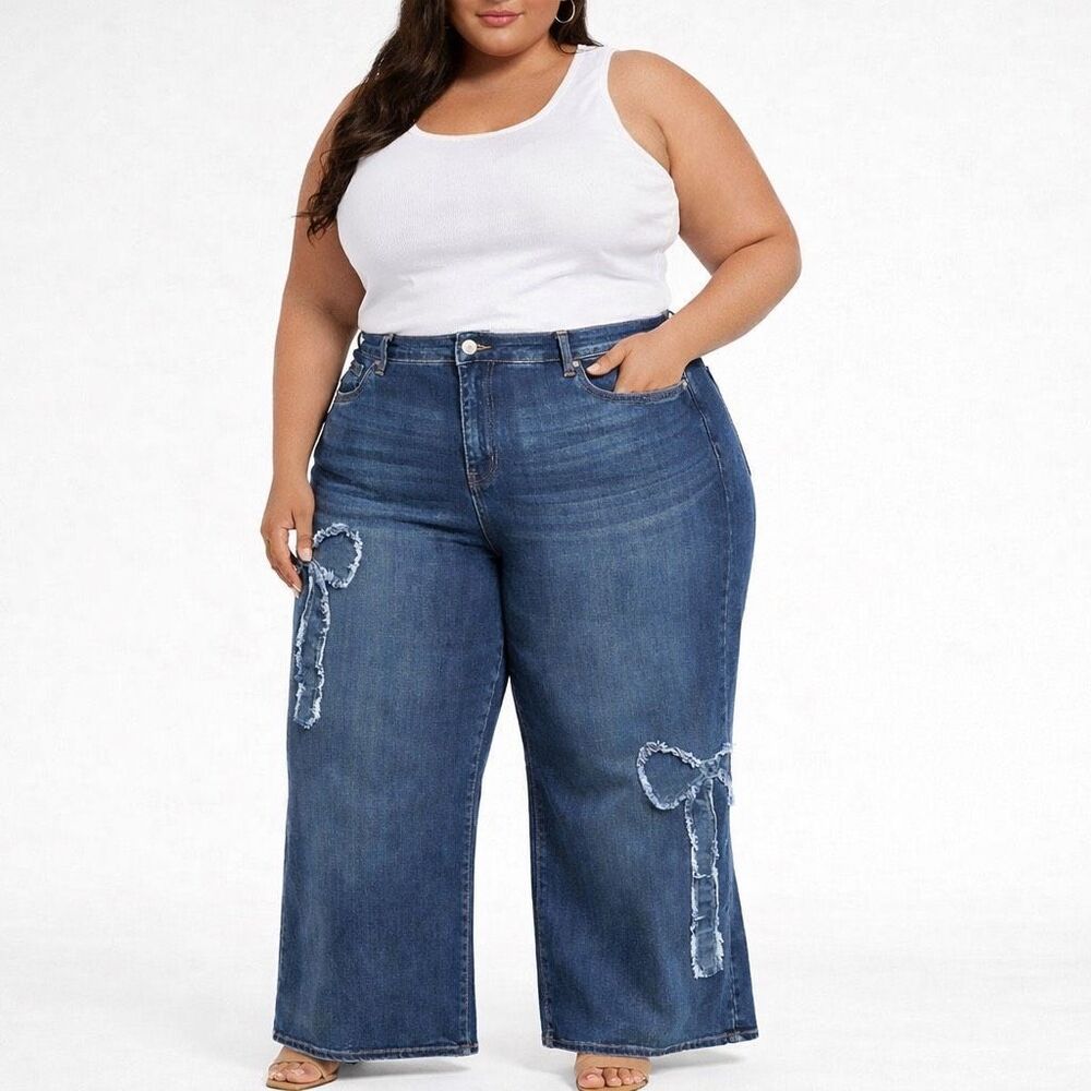 Telepatia High Rise Wide Leg Distressed Bow Detail Jeans 18W